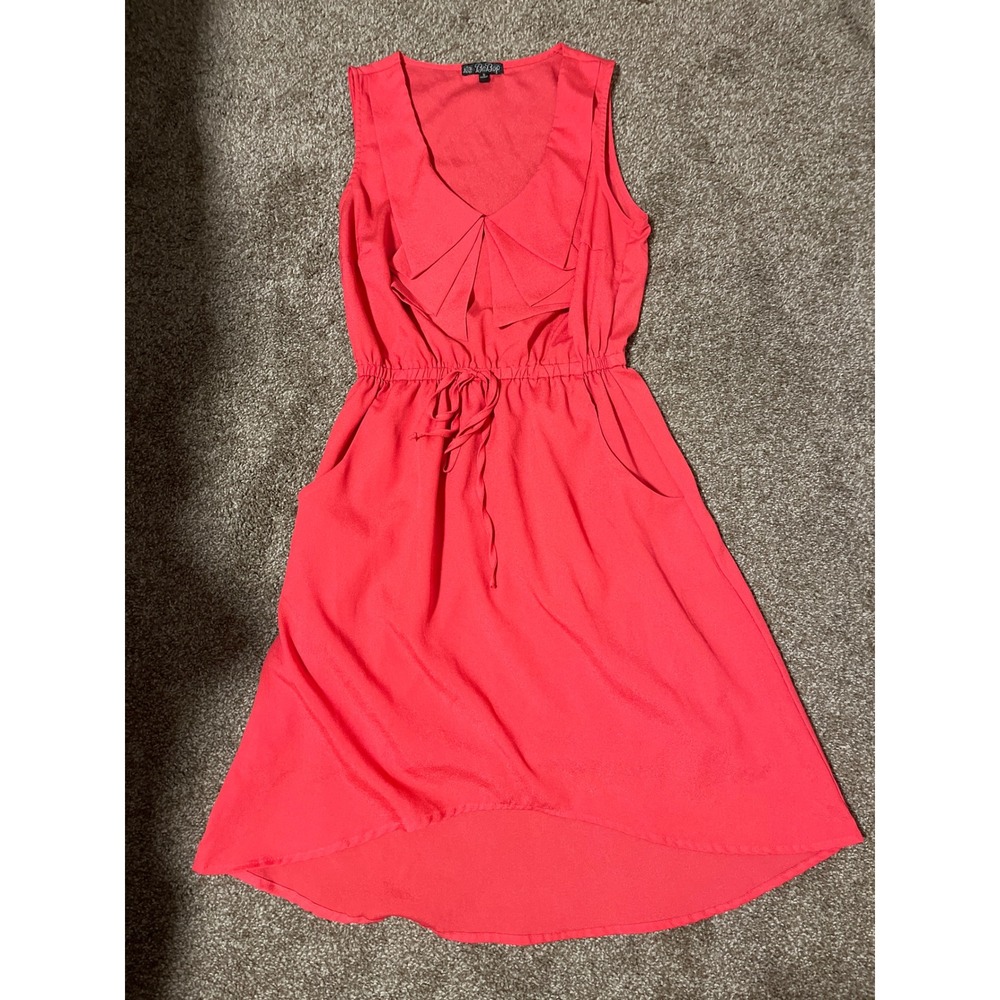 BeBop Women's Coral Pink V Neck Ruffle Hi Lo Hem Drawstring Dress Size S